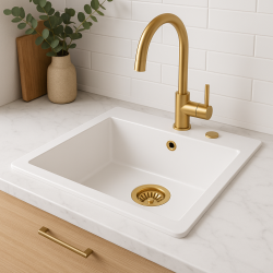 Quadri Sheffield Witte Granieten Opbouw of Vlakinbouw Spoelbak 57x50 cm met Kraangatbank en Gouden Plug - 1208967817